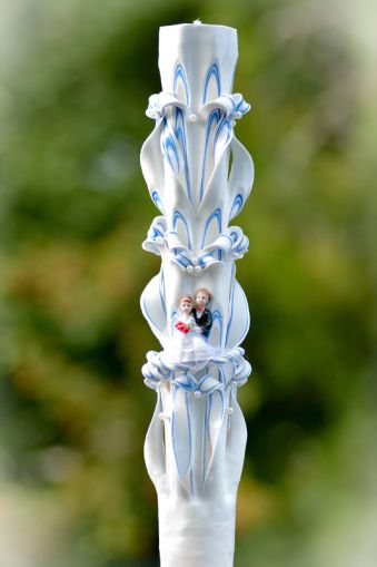 Lumanari nunta sculptate 6 coloane, cu perlute, cu figurina, cu irizatie dubla de albastru