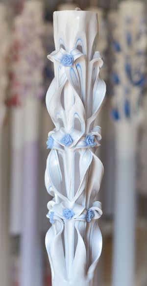 Lumanari sculptate 6 coloane, irizatie bleu si trandafirasi din ceara
